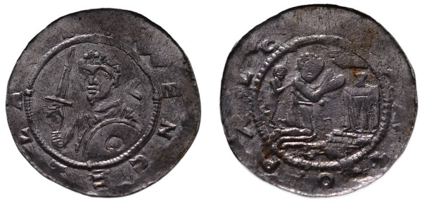 Svatopluk Olomoucký, denár 1107–1109, kníže s mečem a štítem