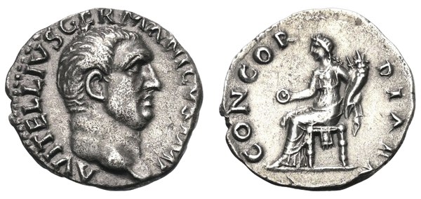 Vitellius, denár, Řím 69, poprsí císaře a na rubu sedící Concordia