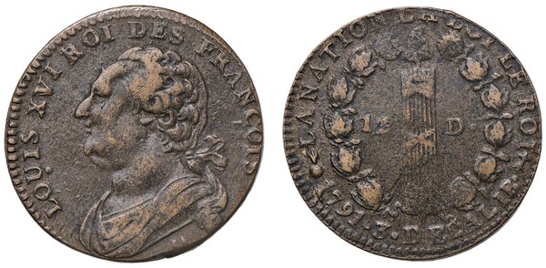 Ludvík XVI., 12 deniers 1791, Mety – podobizna krále a svazek prutů s frygickou čapkou