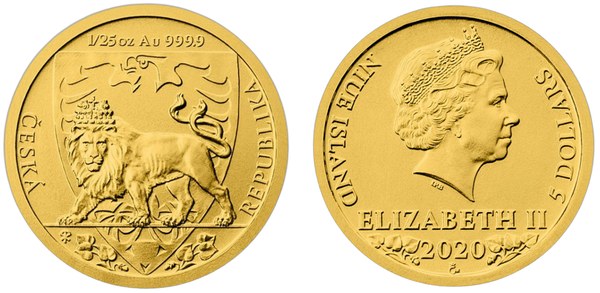 Zlatá investiční mince Český lev 1/25 unce, Niue 5 dolarů 2020