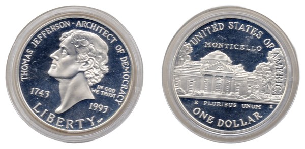 USA, 1 dolar 1993, 250. výročí narození Thomase Jeffersona, proof