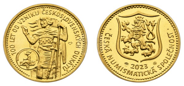 Zlatá dukátová medaile České numismatické společnosti 2023 ke 100 letům od vzniku československých dukátů