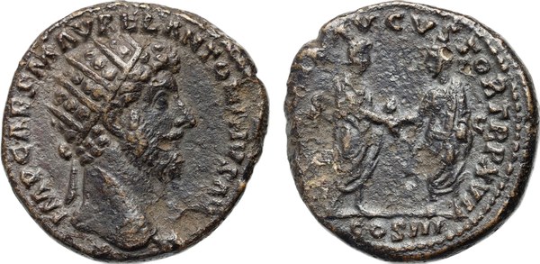 Římská říše, Marcus Aurelius, dupondius, Řím 161 n. l., rub CONCORD AVGVSTOR