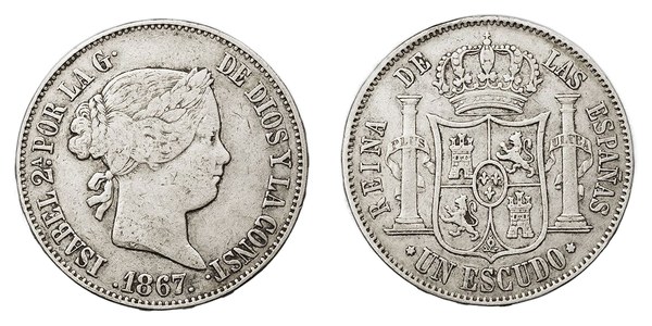 Španělsko, Isabela II., stříbrné escudo 1867, líc s portrétem královny a rub se státním znakem