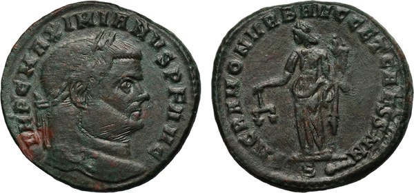 Římská říše, Maximianus Herculius, follis, Řím 300–301, na rubu Moneta s váhami a rohem hojnosti