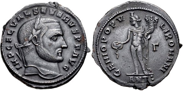 Follis Severa II. jako augusta, Antiochie 306–307, na rubu Génius římského lidu