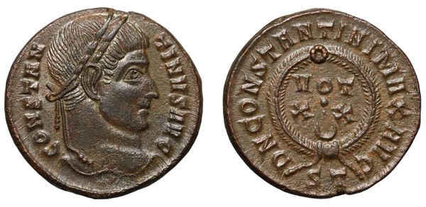 Konstantin I. Veliký – follis se slibem VOT XX ve věnci, Ticinum, kolem 320–325