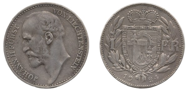1 frank 1924, Lichtenštejnsko, Jan II. z Lichtenštejna