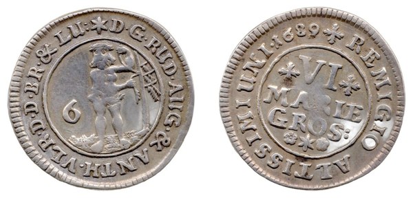 Šest mariánských grošů 1689, Rudolf August a Anton Ulrich Brunšvicko-Wolfenbüttelští, Zellerfeld, divý muž
