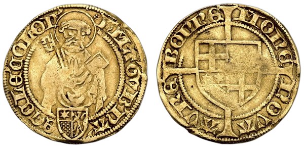 Zlatý rýnský gulden Heřmana IV. Hesenského, kolínské arcibiskupství, mincovna Bonn, kolem 1476