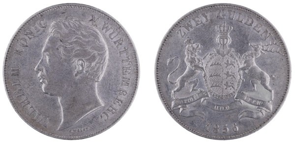 Württembersko, 2 guldeny 1856, král Vilém I. Württemberský