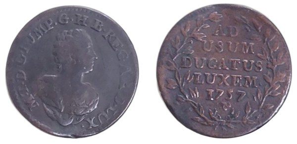 Marie Terezie, liard 1757, Lucembursko, mincovna Brusel