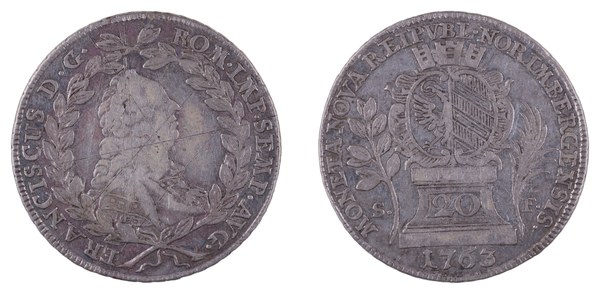 Dvacetník města Norimberku 1763 S.F. s portrétem Františka I. Štěpána Lotrinského