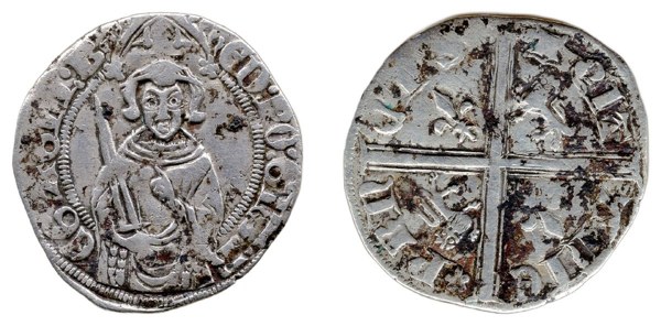 Hardi d’argent Eduarda z Woodstocku, Akvitánie 1362–1372, polopostava prince s mečem