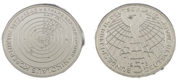 SRN – stříbrná 5 marka 1973 J, Mikuláš Koperník