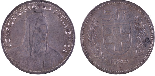 Švýcarsko – stříbrných 5 franků 1923 B