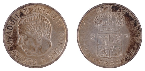 Švédsko – stříbrné 2 koruny 1952, Gustav VI. Adolf