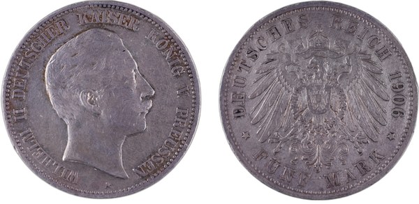 Pruská pětimarka Viléma II.1906 A, portrét a říšský orel
