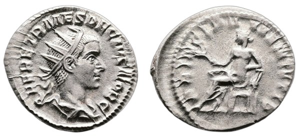 Herennius Etruscus jako Caesar – antoninián se sedícím Apollónem