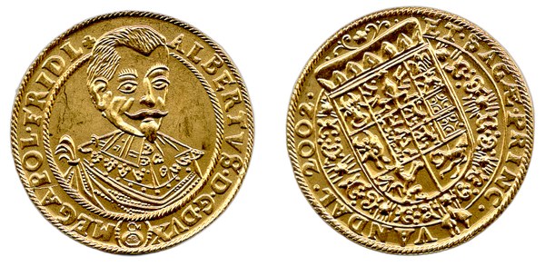 Zlatá replika dukátu Albrechta z Valdštejna (1625–1634) ČM 2002 – líc a rub