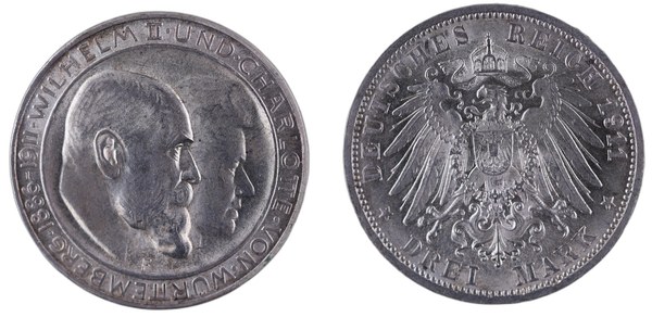 Württemberská třímarka Viléma II. a Charlotty1911F, společné portréty a orel