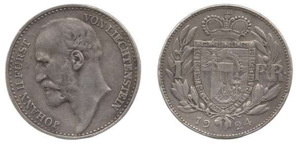 Lichtenštejnský frank Jana II.1924, knížecí portrét a státní znak