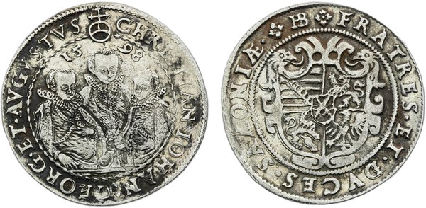 Saský půltolar1598, portréty tří bratrů a zemský znak