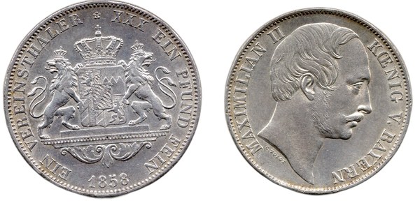 Maxmilián II. Bavorský – 1 vereinsthaler, Bavorsko 1858
