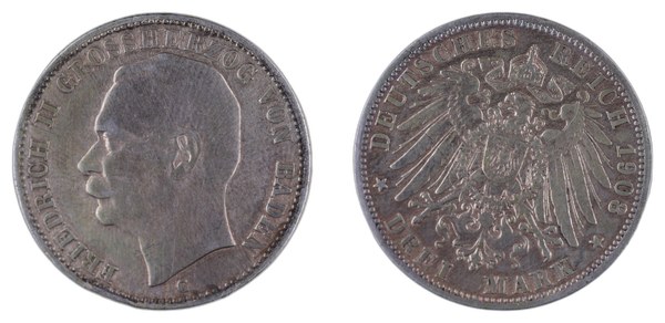 Fridrich II. Bádenský – tři marky 1908 G