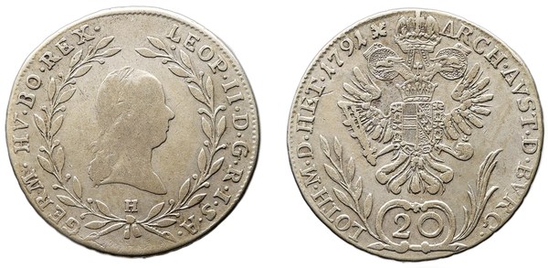 Leopold II., 20 krejcarů 1791 H, mincovna Günzburg, líc s poprsím ve věnci