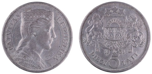 Lotyšsko – 5 latů 1931, „Milda“, autor Rihards Zariņš, Royal Mint