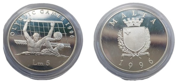 Malta, stříbrná pětilira 1996 k olympijským hrám v Atlantě – vodní pólo