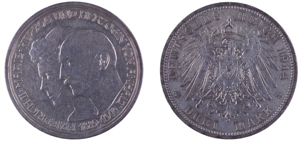 Anhaltsko, 3 marky 1914 A, stříbrná svatba Fridricha II. a Marie