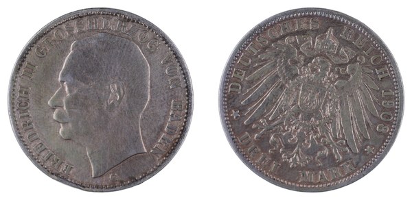 Fridrich II. Bádenský – 3 marky 1908 G, Karlsruhe