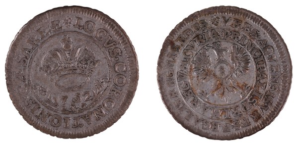 Cáchy – 8 marek 1752, koruna a opis LOCVS CORONATIONIS CAESAREAE