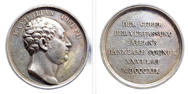 Stříbrná medaile Franze Xavera Losche k prvnímu výročí bavorské ústavy s portrétem Maxmiliána I. Josefa, 1819