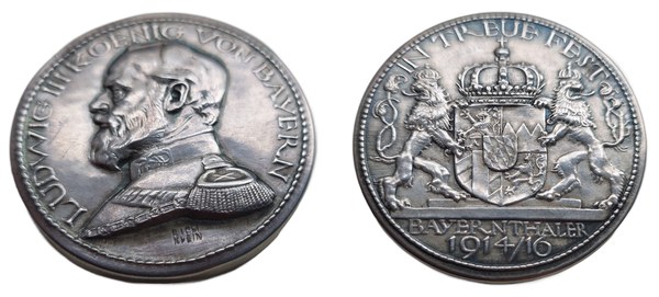 Postříbřená šroubovací medaile Bayernthaler 1914/16 s Ludvíkem III. Bavorským od Richarda Kleina