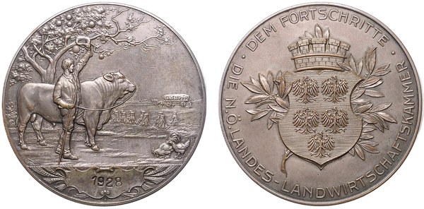 Rakousko, postříbřená bronzová medaile Dolnorakouské zemské zemědělské komory „Za pokrok“, 1928