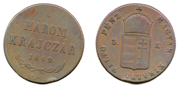 Uhry – měděný trojník (3 krejcary) 1849 NB, Nagybánya