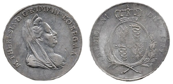 Marie Terezie, stříbrné scudo 1779, Milán