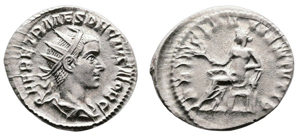 Antoninián Herennia Etrusca jako caesara s Apollónem, Řím 250–251