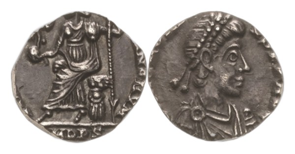 Honorius, stříbrná silika, mincovna Mediolanum, 395–402