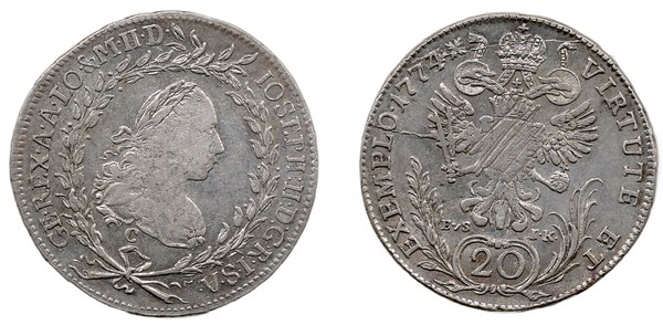 Dvacetník Josefa II. 1774 C, E.v.S.–I.K., Praha