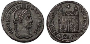 Nummus Konstantina II. jako caesara s branou tábora, Siscia