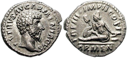 Denár Lucia Vera s titulem ARMENIACUS a sedící Arménií, 164