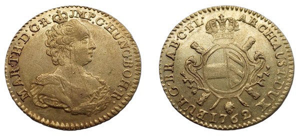 Zlatý dvojitý souverain Marie Terezie z roku 1762 pro Rakouské Nizozemí
