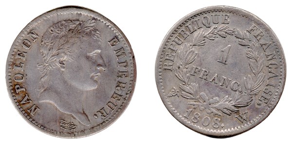 Stříbrný frank Napoleona I. z roku 1808