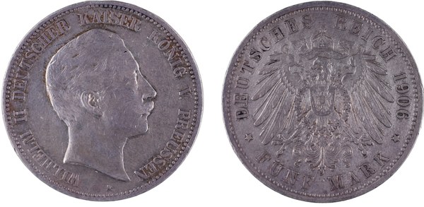 Pruská pětimarka Viléma II. z roku 1906, mincovna Berlín (A)