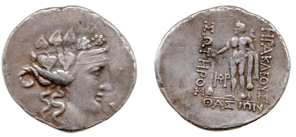 Thasos, stříbrná tetradrachma s hlavou Dionýsa a stojícím Héraklem, 2.–1. století př. n. l.