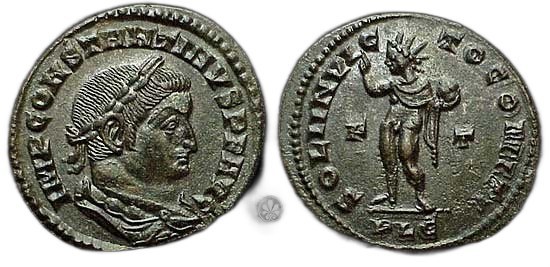 Konstantin I. Veliký, nummus, Lugdunum, asi 309–310 n. l., rub Sol Invictus
